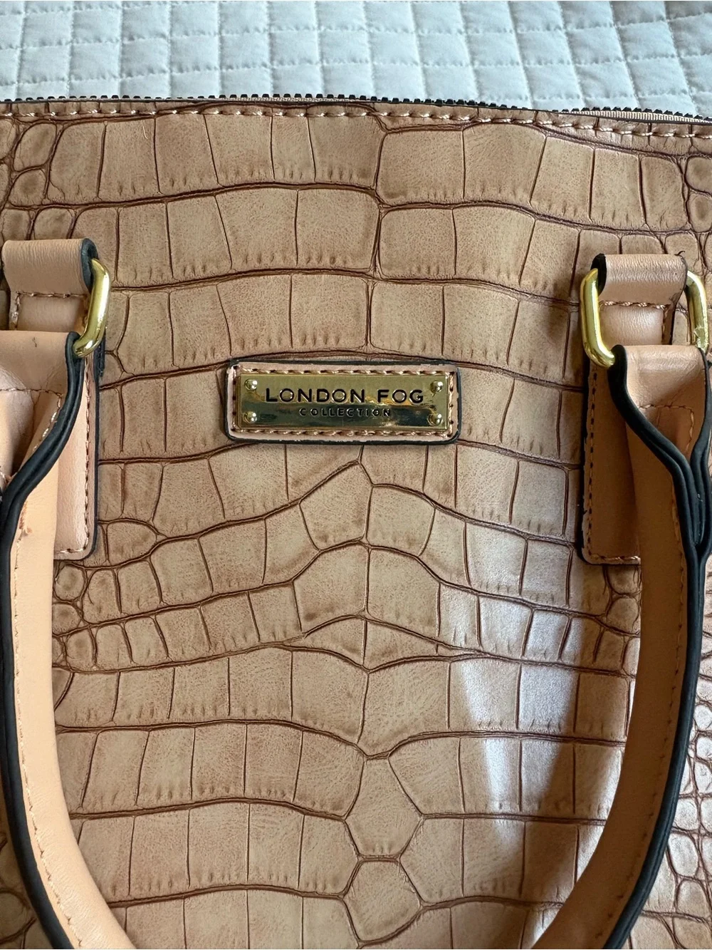 London Fog Croc-Embossed Handbag in Beige/Tan 11” Vegan Leather
